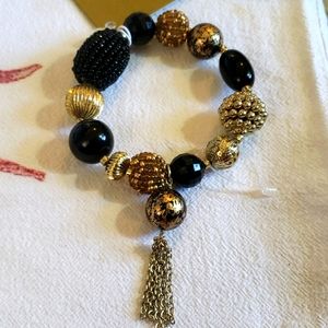 Chico’s Gold + Black Bead Tassel Stretch Bracelet
